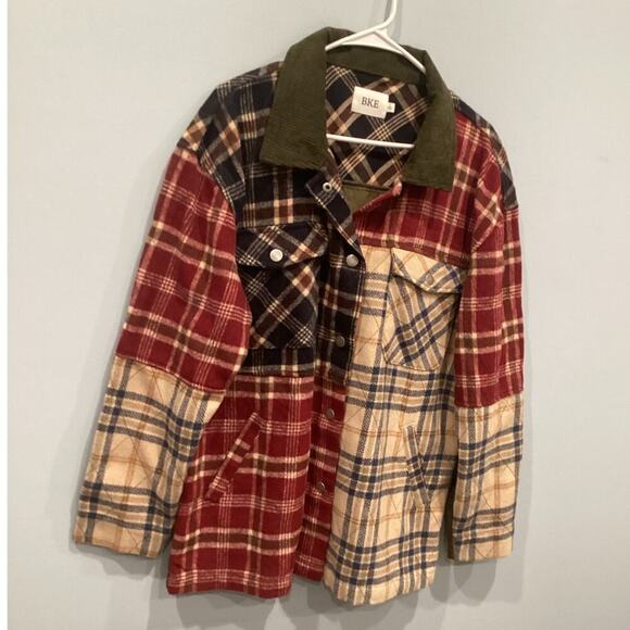 BKE Women Pieced Plaid Corduroy Shacket Size Large Patchwork Green Buckle Casual - Picture 15 of 15